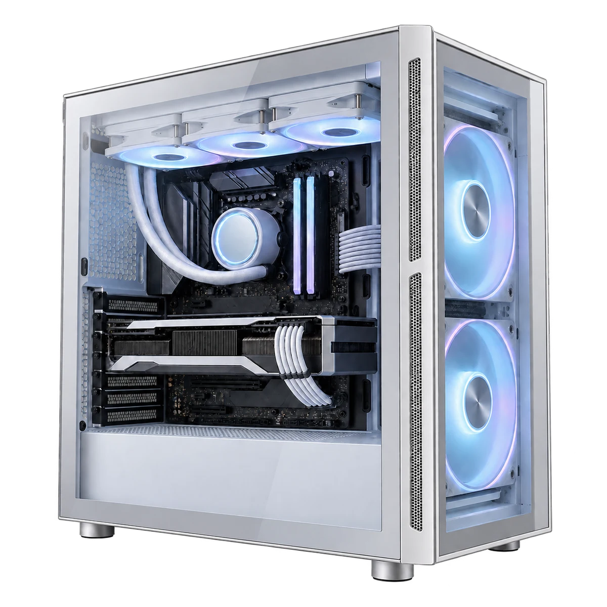 White custom PC with a glass case, neatly routed cables and soft blue lighting