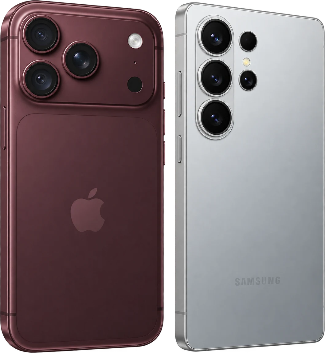 Burgundy iPhone and silver Samsung Galaxy side by side — phone repairs at Origin Repairs Leeds