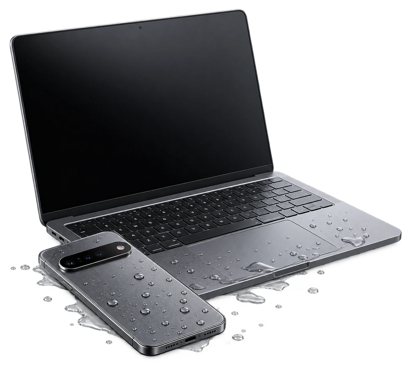 Phone and laptop with spilled water and droplets