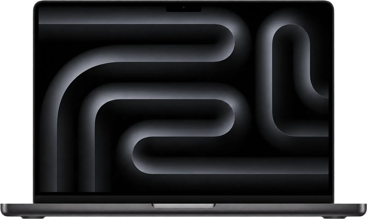 Space Black MacBook Pro with a dark display, viewed from the front