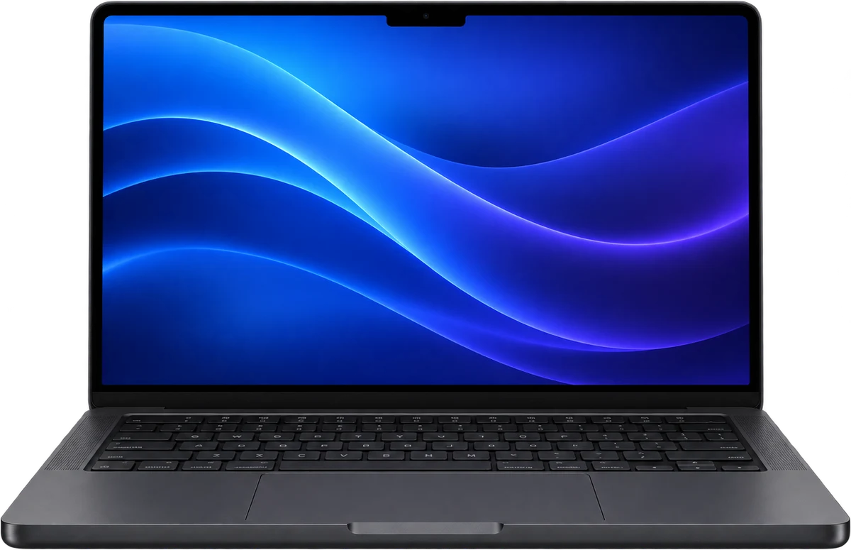 Open Space Black MacBook Pro with a blue display and visible keyboard