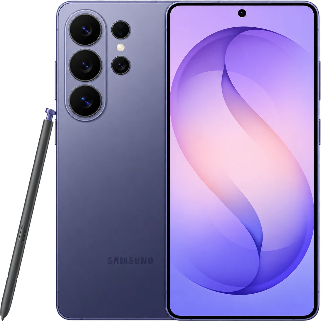 Cobalt Violet Samsung Galaxy S26 Ultra, front and back with S Pen